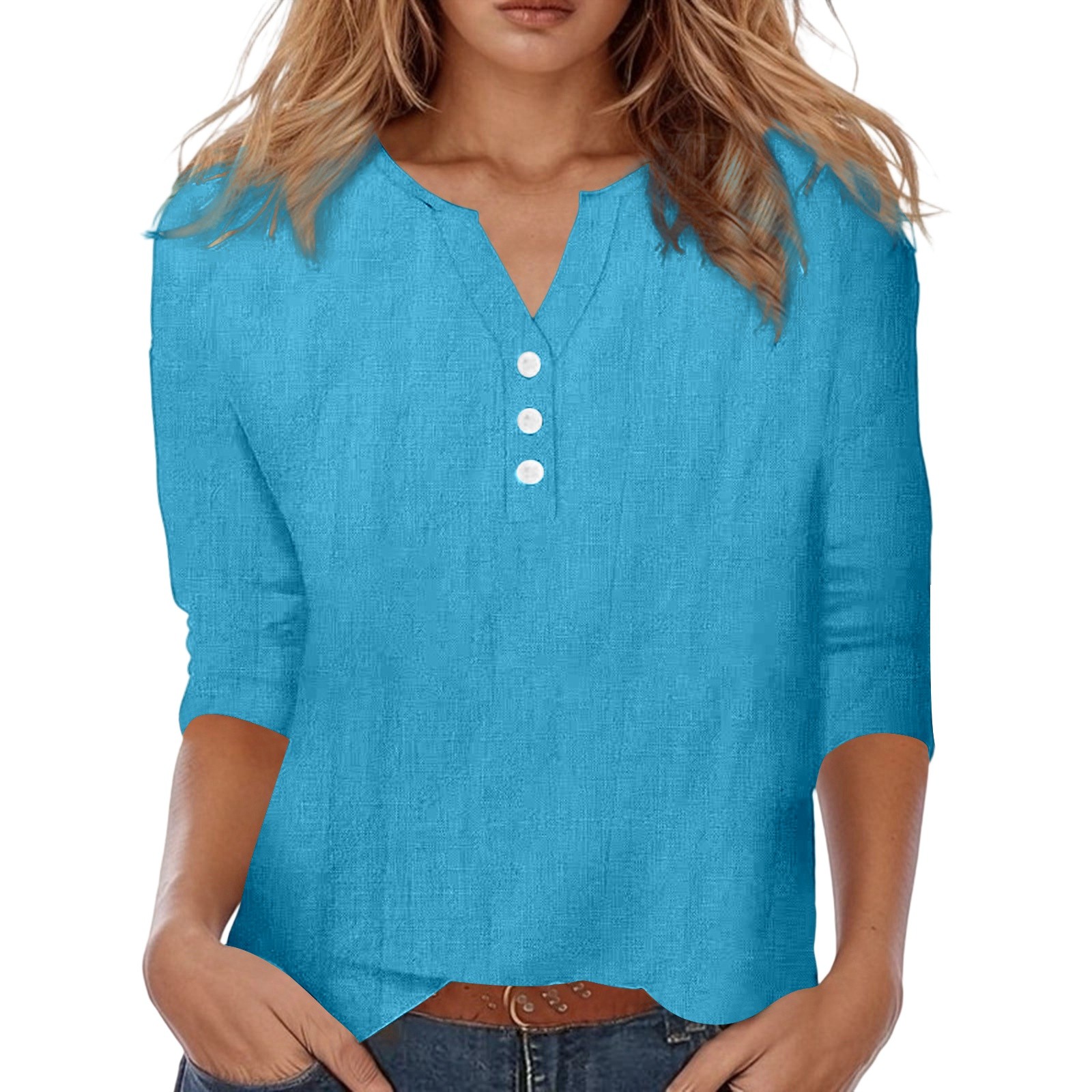 thumbnail image 2 of Top liso de mujer con cuello en V, botones y manga 3/4 - Estilo informal elegante, tejido de poliéster ligero, 2 of 8